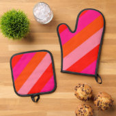 Hot-roze en heldere Oranje strepen Ovenwant & Pannenlap Set (Top down)
