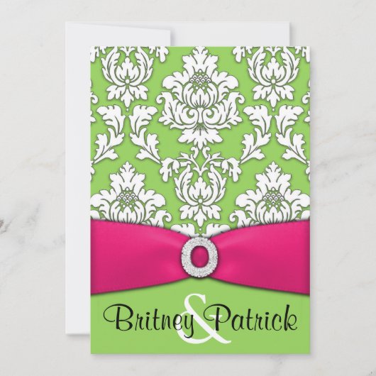 Hot-roze en Lime Green Damask Wedding-uitnodiginge Kaart (Voorkant)