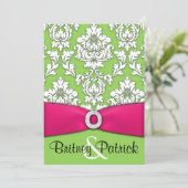 Hot-roze en Lime Green Damask Wedding-uitnodiginge Kaart (Staand voorkant)