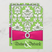 Hot-roze en Lime Green Damask Wedding-uitnodiginge Kaart (Voorkant / Achterkant)
