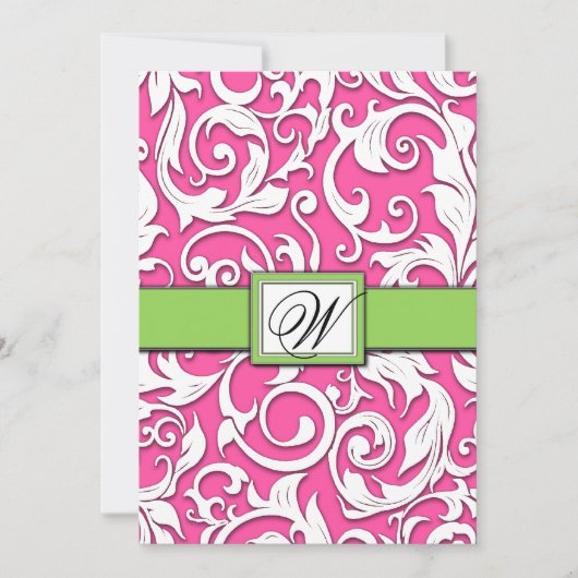 Hot-roze en Lime Green Damask Wedding-uitnodiginge Kaart (Voorkant)