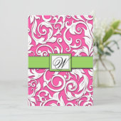 Hot-roze en Lime Green Damask Wedding-uitnodiginge Kaart (Staand voorkant)