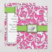 Hot-roze en Lime Green Damask Wedding-uitnodiginge Kaart (Voorkant / Achterkant)