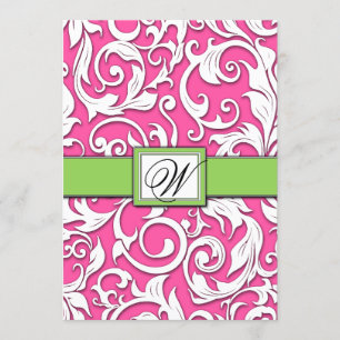 Hot-roze en Lime Green Damask Wedding-uitnodiginge Kaart
