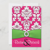 Hot-roze en Lime Green Damask Wedding-uitnodiginge Kaart (Voorkant)