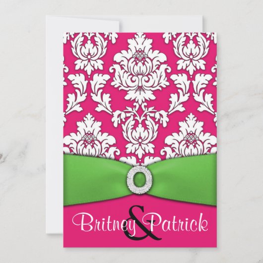 Hot-roze en Lime Green Damask Wedding-uitnodiginge Kaart (Voorkant)