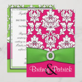 Hot-roze en Lime Green Damask Wedding-uitnodiginge Kaart (Voorkant / Achterkant)