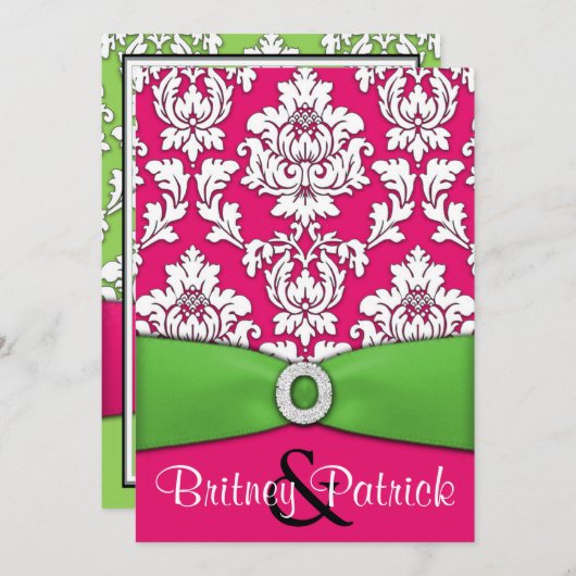 Hot-roze en Lime Green Damask Wedding-uitnodiginge Kaart (Voorkant / Achterkant)