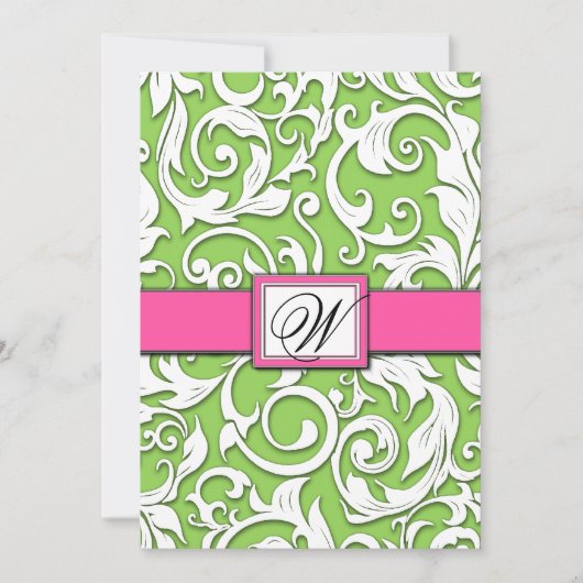 Hot-roze en Lime Green Damask Wedding-uitnodiginge Kaart (Voorkant)