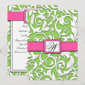 Hot-roze en Lime Green Damask Wedding-uitnodiginge Kaart (Voorkant / Achterkant)