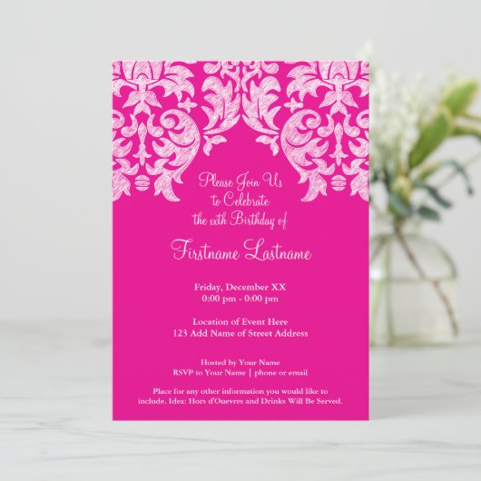 Hot-roze en Limoen Girly Damask Patroon Kaart (Staand voorkant)