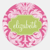 Hot-roze en Limoen Girly Damask Patroon Ronde Sticker (Voorkant)