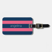 Hot-roze en moderne marinerougby-strips met naam bagagelabel (Voorkant horizontaal)