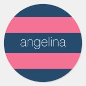 Hot-roze en moderne marinerougby-strips met naam ronde sticker (Voorkant)