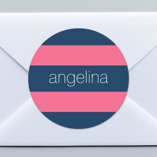 Hot-roze en moderne marinerougby-strips met naam ronde sticker