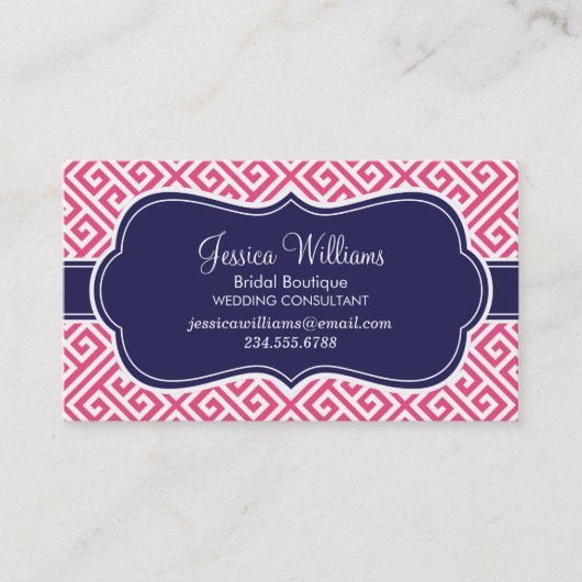 Hot Roze en Navy Blauw Griekse Key Pattern Visitekaartje (Voorkant)