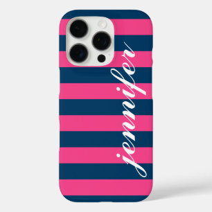Hot-roze en Navy Stripes Aangepast script monogram iPhone 16 Pro Hoesje