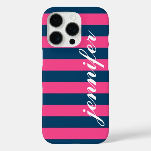 Hot-roze en Navy Stripes Aangepast script monogram Case-Mate iPhone Case (Achterkant)