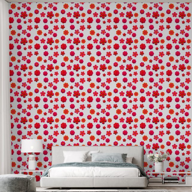 Hot-roze en Oranje bloemen Behang (Slaapkamer)