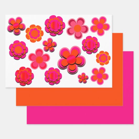 Hot-roze en Oranje bloemen Inpakpapier Vel (Set)