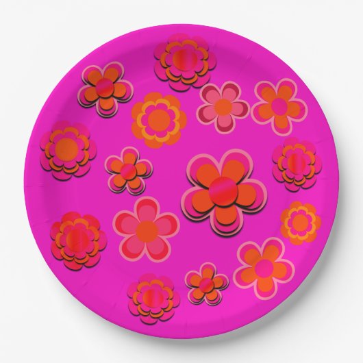 Hot-roze en Oranje bloemen Papieren Bordje (Voorkant)