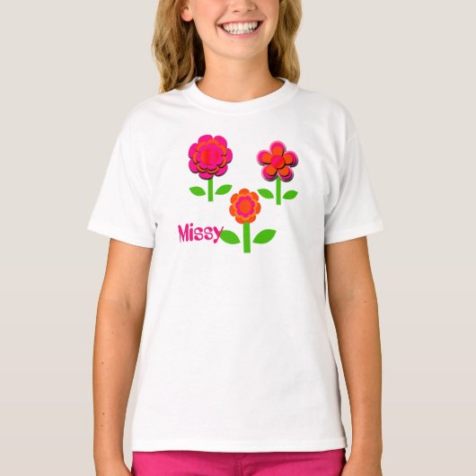 Hot-roze en Oranje bloemen T-shirt (Voorkant)