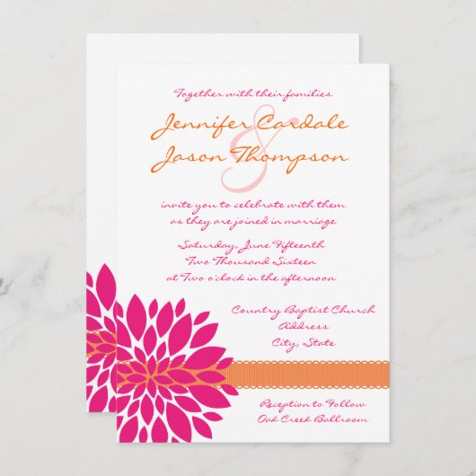 Hot-roze en Oranje bruine bruiloft Kaart (Voorkant / Achterkant)