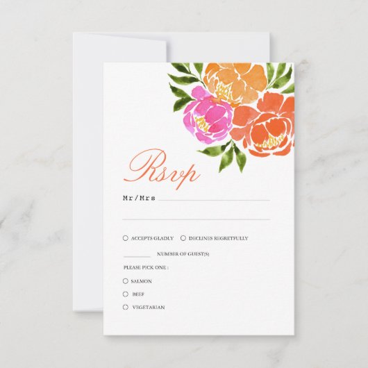 Hot Roze en Oranje Herfst Bloemen bruiloft RSVP Kaartje (Voorkant)