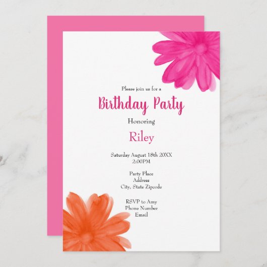 Hot-roze en Oranje Waterverf bloemen Kaart (Voorkant / Achterkant)