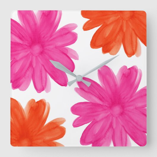 Hot-roze en Oranje Waterverf bloemen Vierkante Klok (Voorkant)