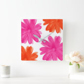 Hot-roze en Oranje Waterverf bloemen Vierkante Klok (Huis)
