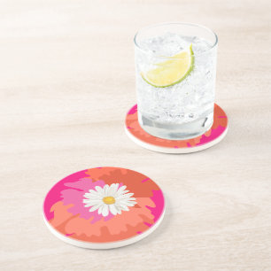 Hot Roze en Sinaasappel Floral Daisy Abstract Home Zandsteen Onderzetter