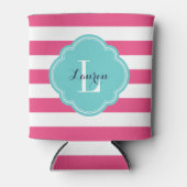 Hot roze en turquoise preppy strepen monogram blikjeskoeler (Voorkant)