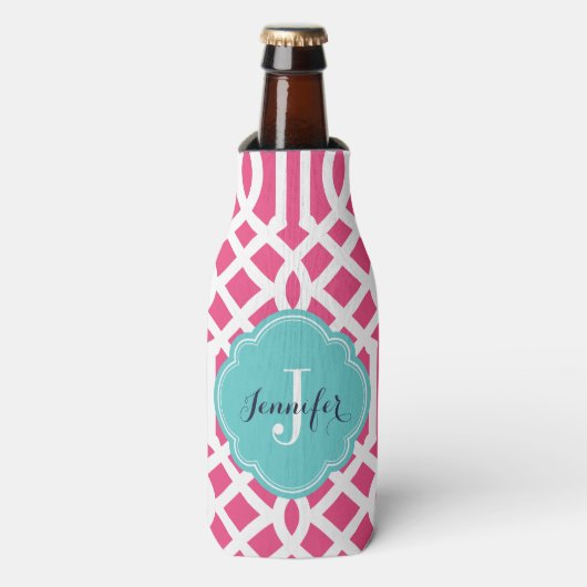 Hot roze en turquoise Trellis Monogram Flesjeskoeler (Fles Voorkant)