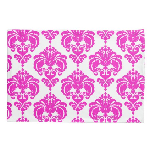 Hot-roze en White Elegant Chic Damask Patroon Kussensloop (Achterkant)