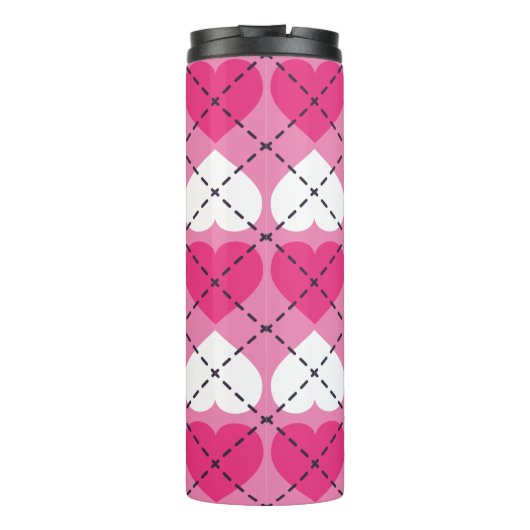 Hot-roze en White Hearts Argyle Thermosbeker (Achterkant)