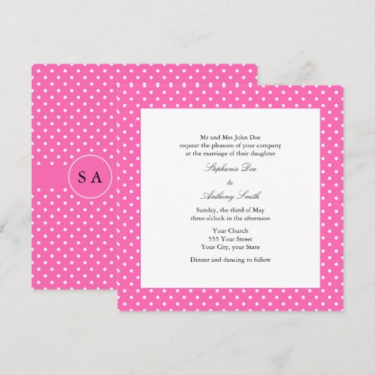 Hot-roze en White Polka Dot Wedding Kaart (Voorkant / Achterkant)