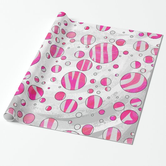 Hot-Roze en White Zebra Polka Dots Cadeaupapier (Uitgerold)