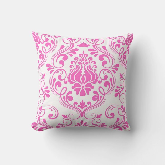 Hot Roze en Wit Damask Bloempatroon Elegant Kussen (Voorkant)
