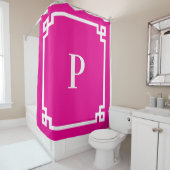 Hot Roze en Wit Grieks Key Eenvoudig Monogram Douchegordijn (In situ)