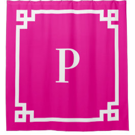 Hot Roze en Wit Grieks Key Eenvoudig Monogram Douchegordijn