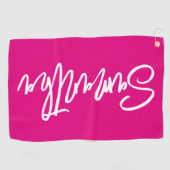 Hot roze en wit penseelscript golfhanddoek (Horizontaal)