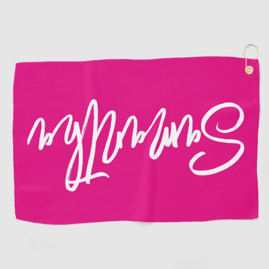 Hot roze en wit penseelscript golfhanddoek (Horizontaal)