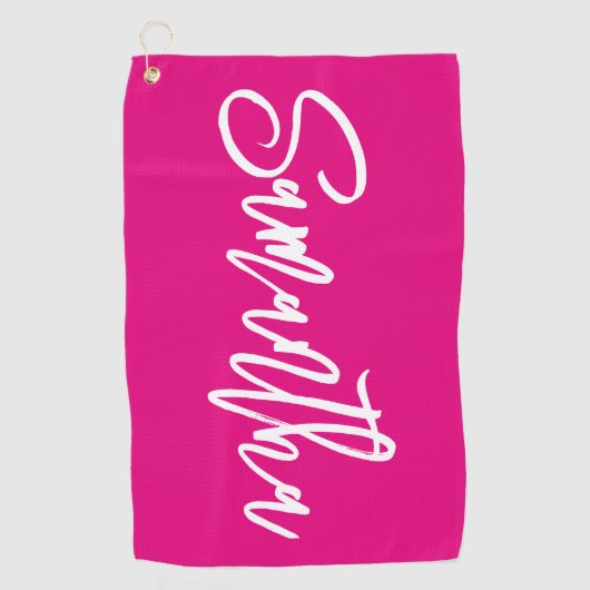 Hot roze en wit penseelscript golfhanddoek (Voorkant)