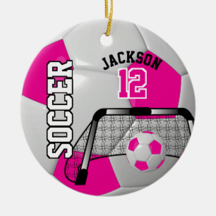 ⚽ Hot-roze en wit Voetbal personaliseren Keramisch Ornament