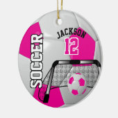 ⚽ Hot-roze en wit Voetbal personaliseren Keramisch Ornament (Links)