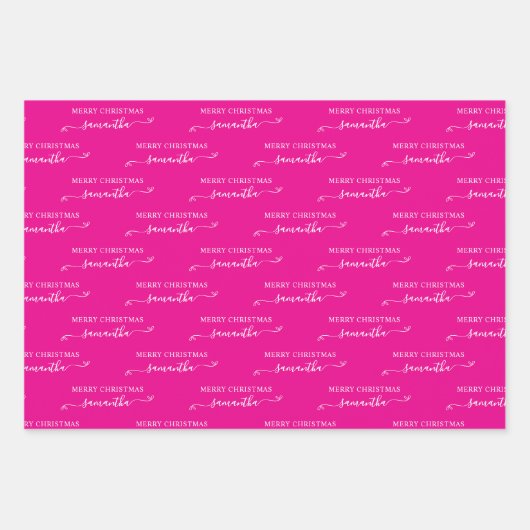 Hot Roze en Wit Vrolijk Kerstfeest Schattigee Boog Inpakpapier Vel (Voorkant 2)