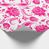 Hot-roze en witte Floral Damaskers Cadeaupapier (Hoek)