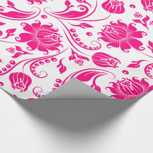 Hot-roze en witte Floral Damaskers Cadeaupapier (Hoek)