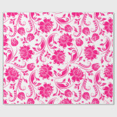 Hot-roze en witte Floral Damaskers Cadeaupapier (Vlak)